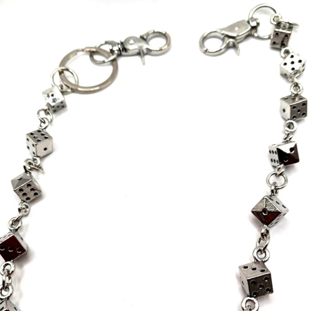 Single Layer Multi Dice Silver Tone Pants Or Wallet Silver Tone Chain 23 Inches - Picture 9 of 9